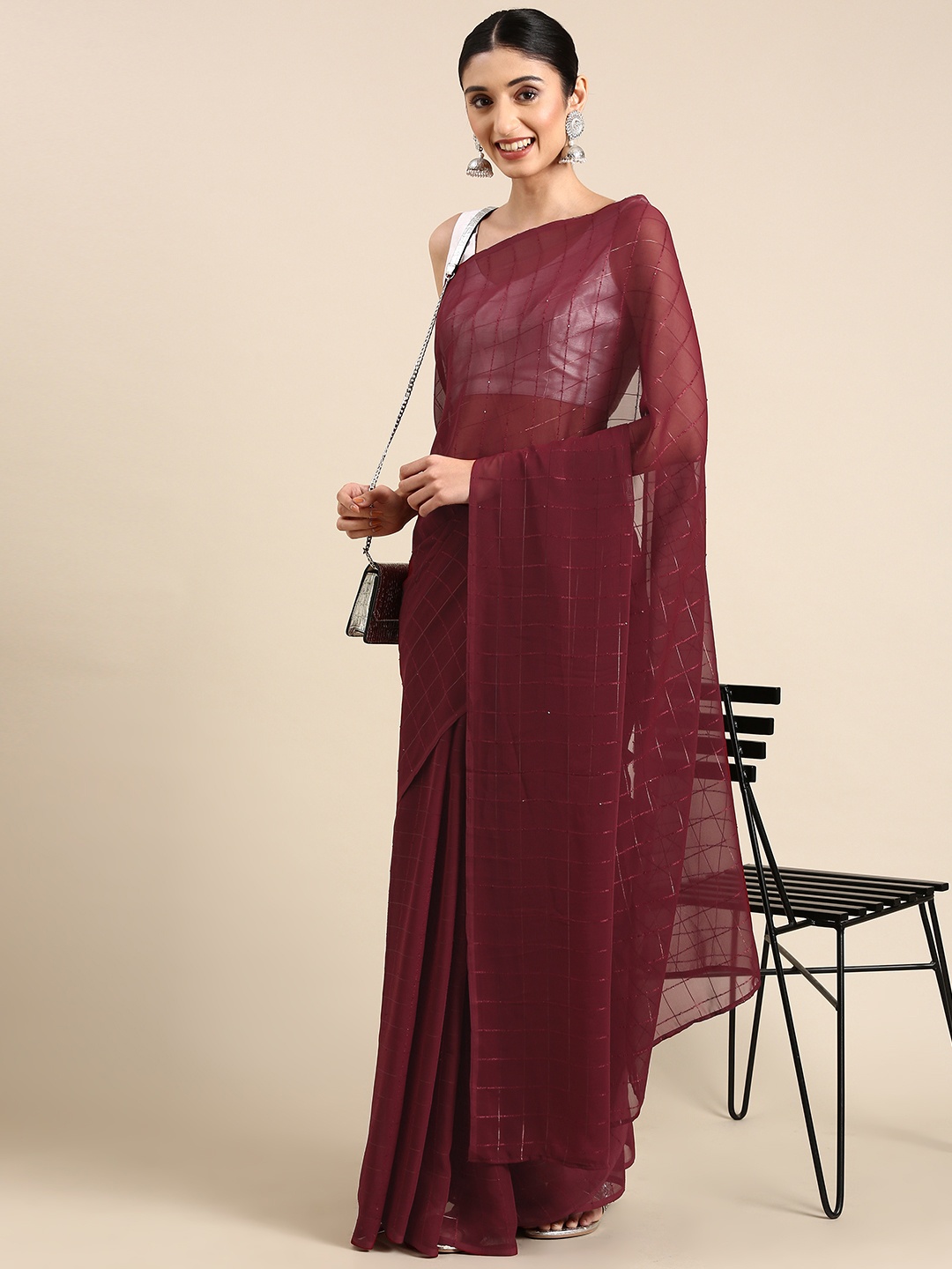 

Anouk Woven Design Checked Saree, Burgundy