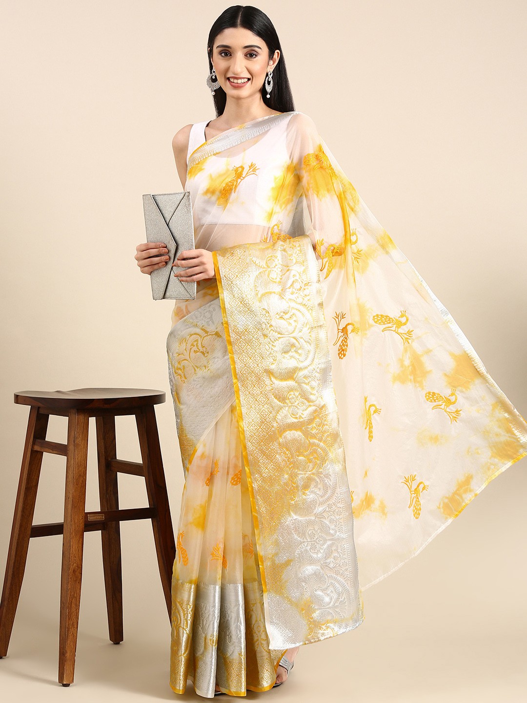 

Anouk Embroidered Ethnic Motifs Zari Organza Saree, Yellow