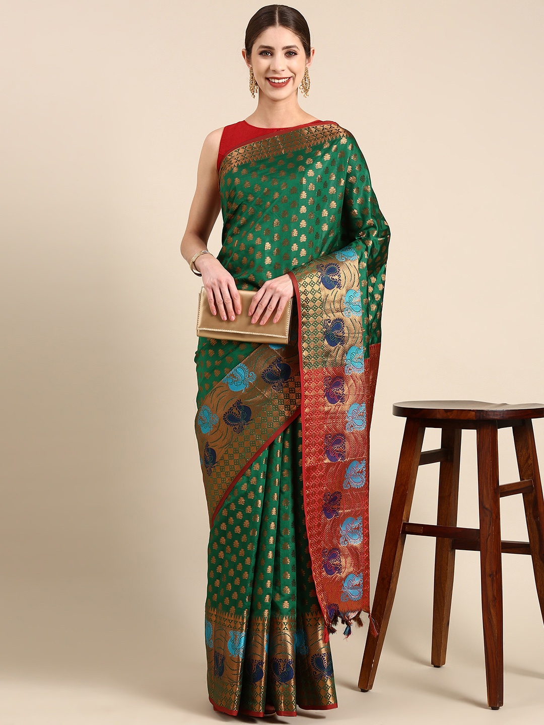 

Anouk Ethnic Motifs Zari Silk Blend Saree, Green