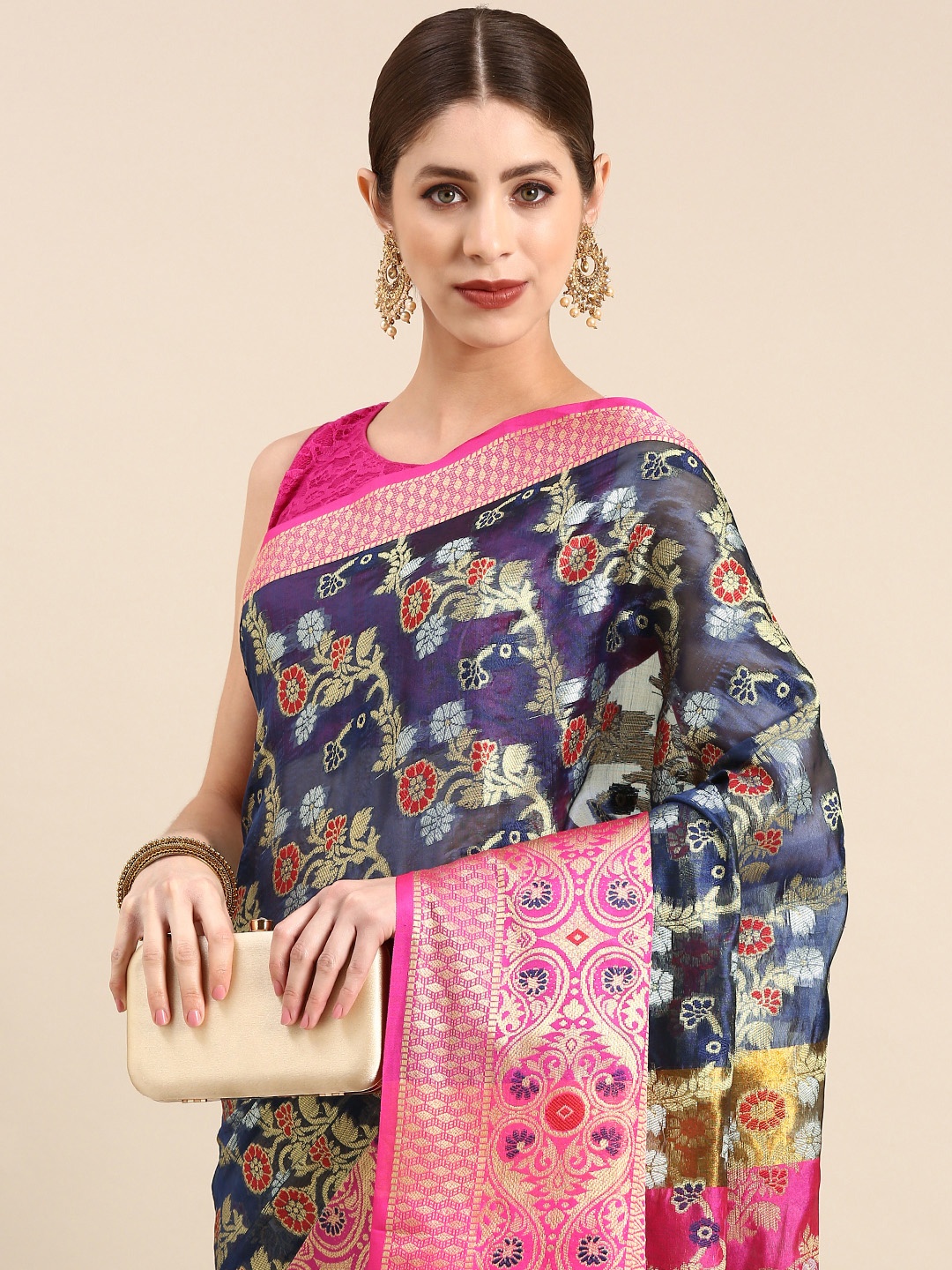 

Anouk Ethnic Motifs Zari Silk Blend Saree, Navy blue