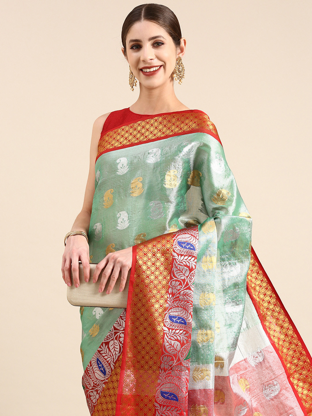 

Anouk Ethnic Motifs Zari Organza Saree, Sea green