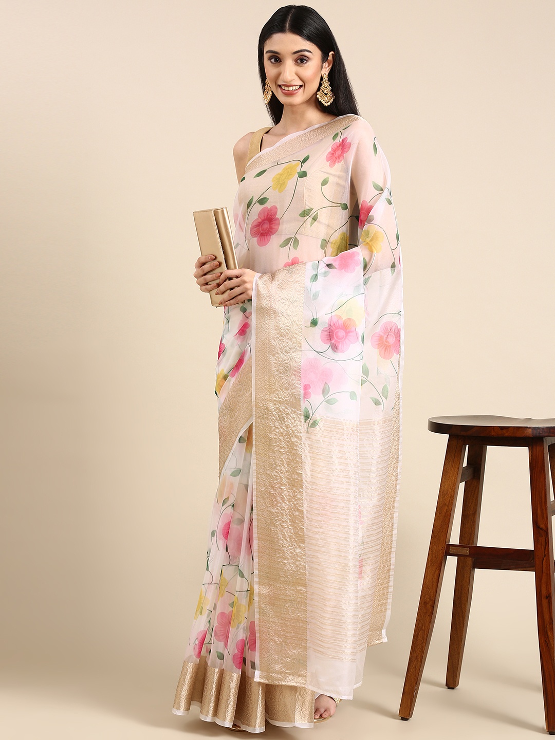 Anouk Floral Woven Design Zari Organza Saree, White