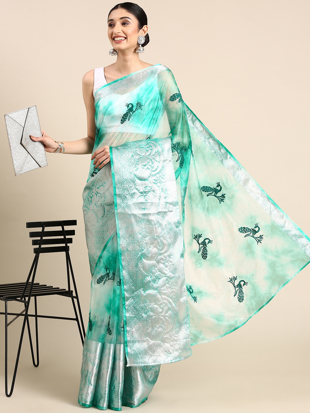 

Anouk Embroidered Ethnic Motifs Zari Organza Saree, Green