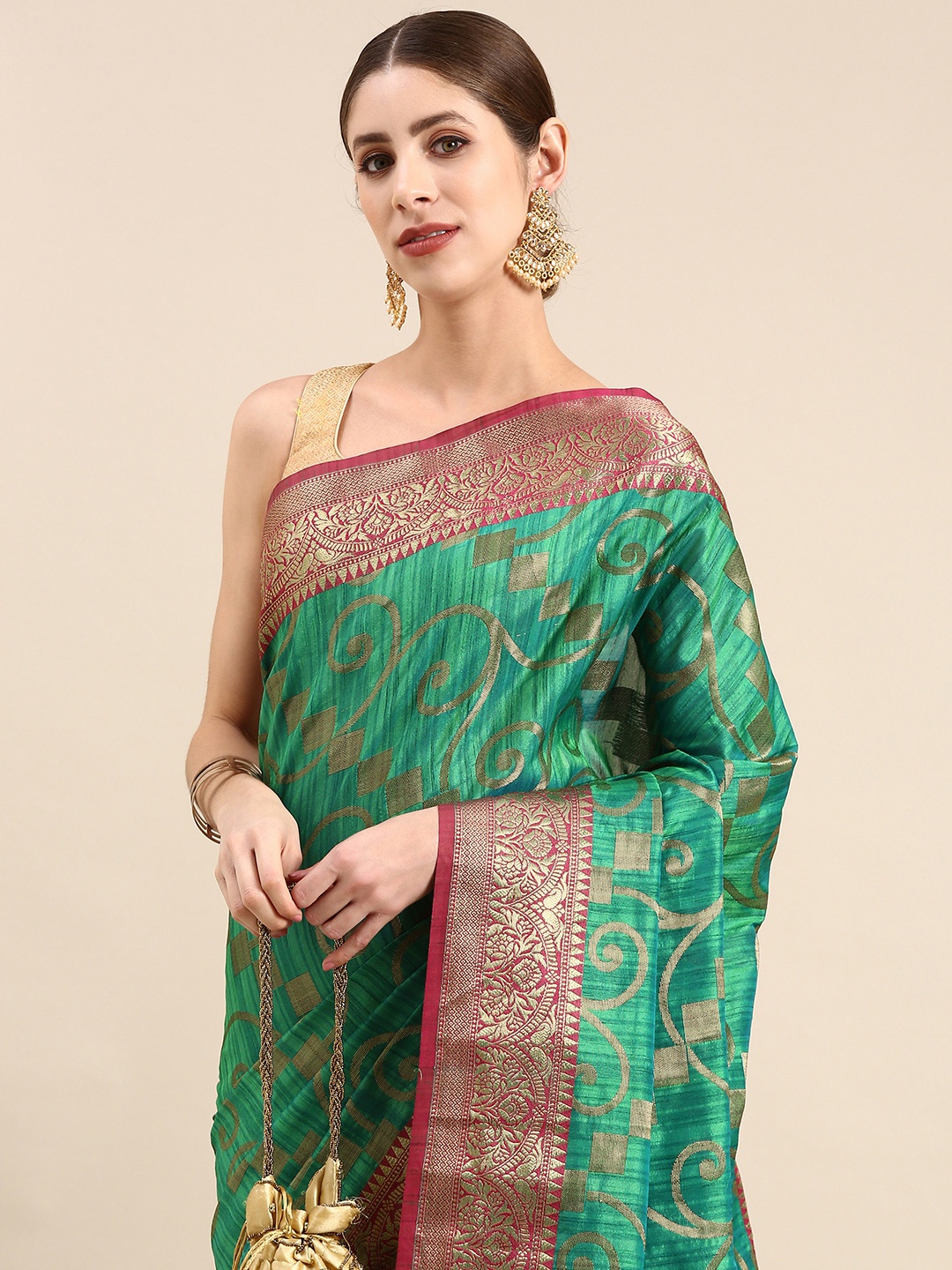 

Anouk Ethnic Motifs Zari Silk Blend Saree, Teal
