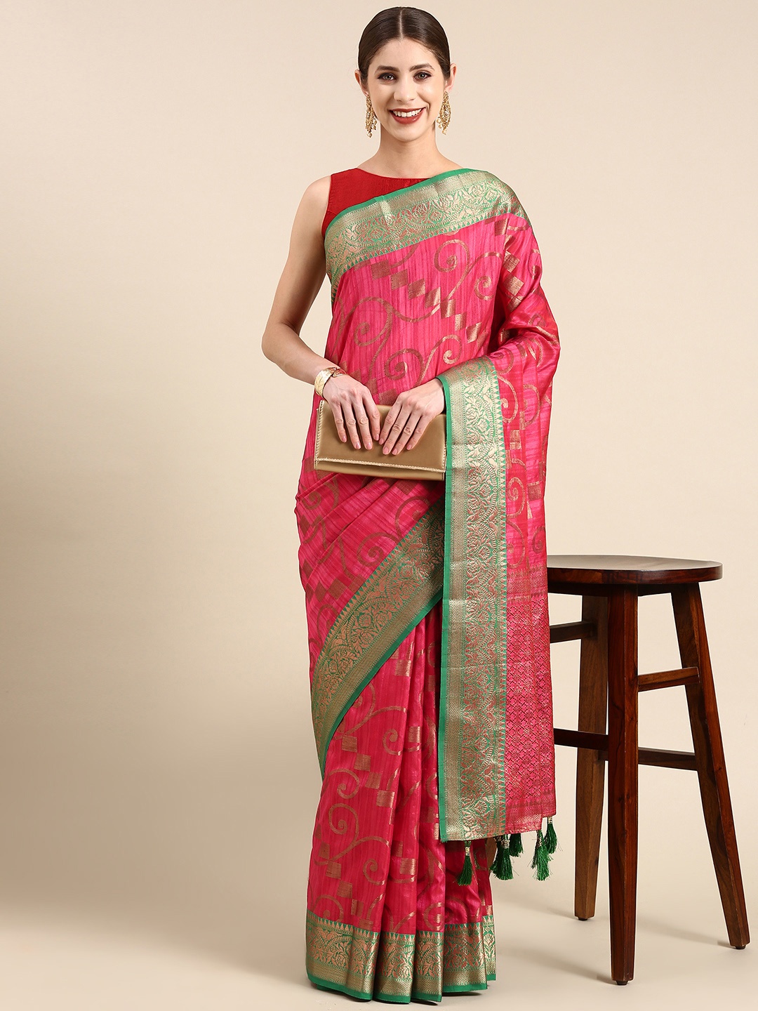 

Anouk Ethnic Motifs Zari Silk Blend Saree, Magenta