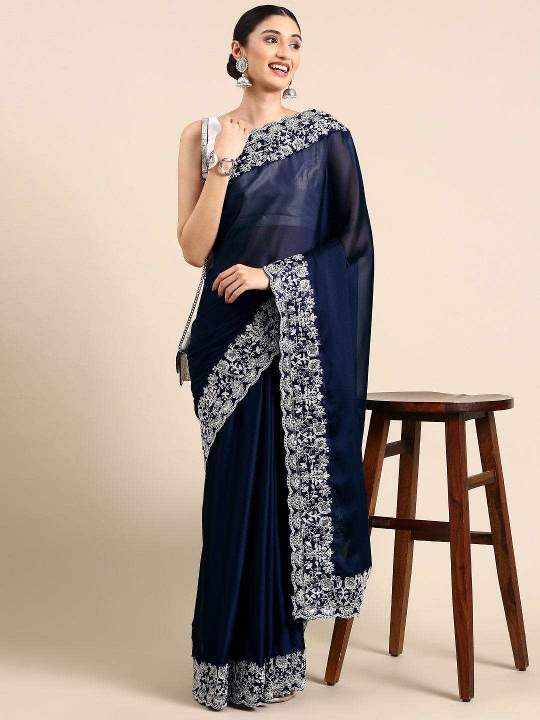 

Anouk Embroidered Sequinned Silk Blend Saree, Navy blue