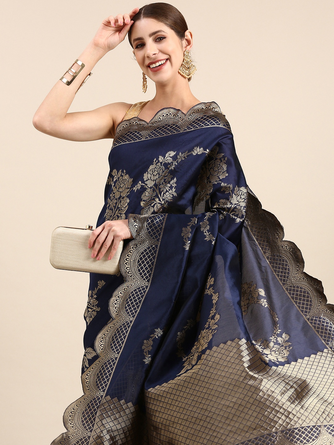 

Anouk Floral Zari Silk Blend Saree, Navy blue