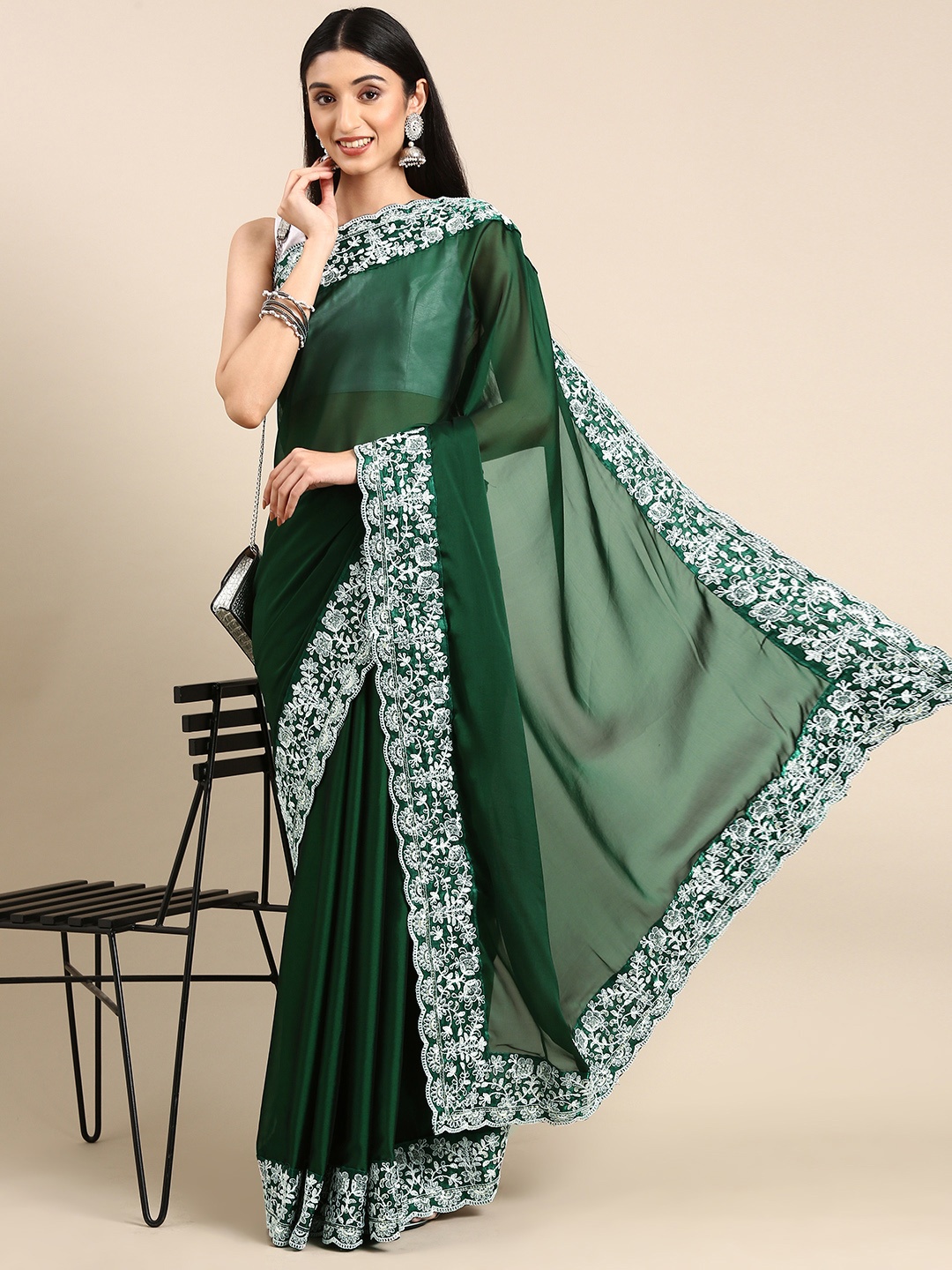 

Anouk Embroidered Sequinned Silk Blend Saree, Green