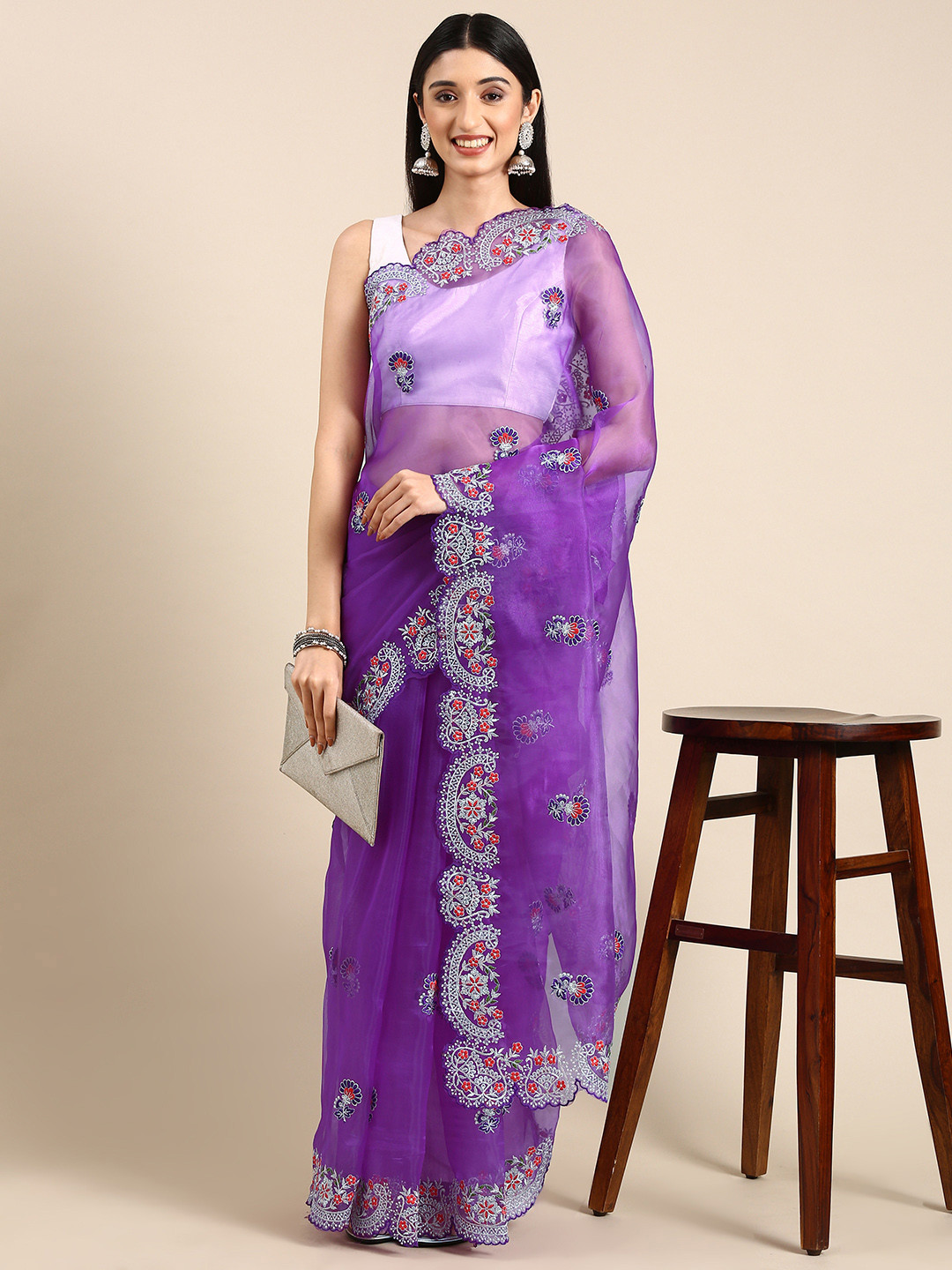 

Anouk Ethnic Motifs Embroidered Organza Saree, Purple
