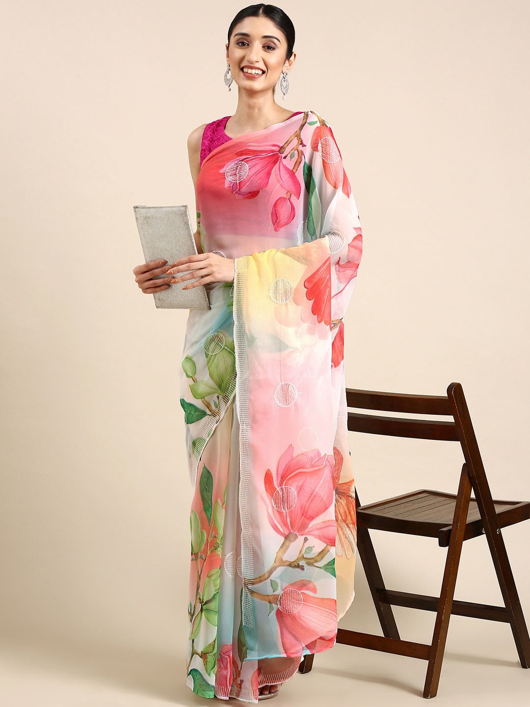 

Anouk Floral Embroidered Pure Georgette Saree, Multi