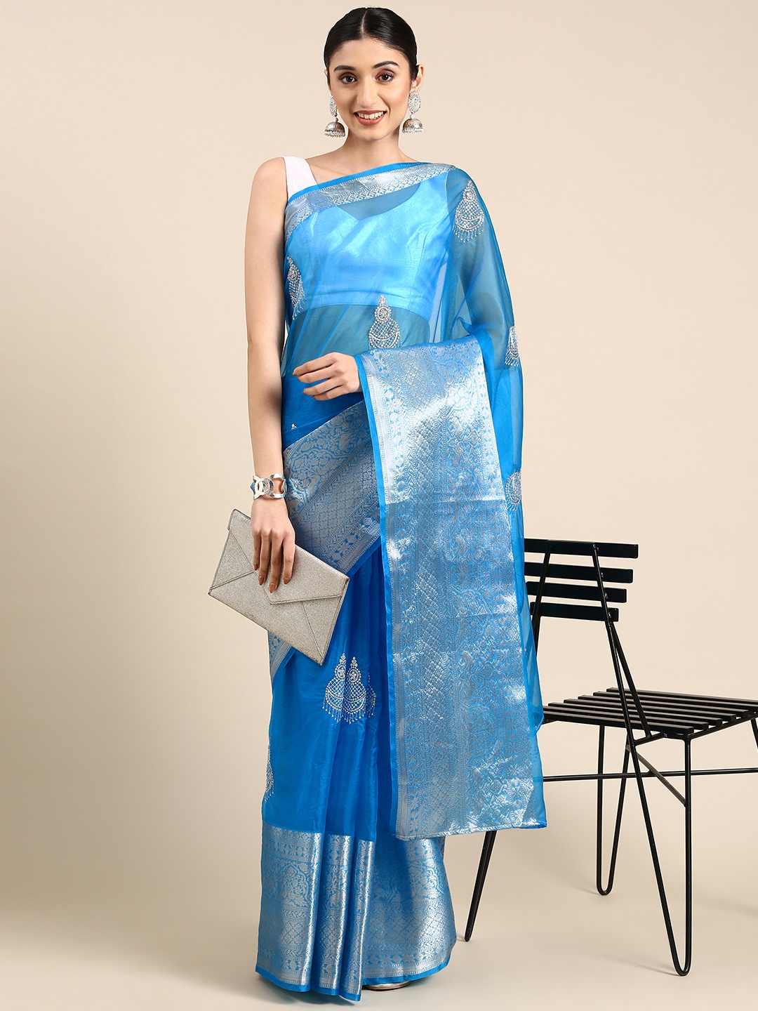

Anouk Embroidered Ethnic Motifs Zari Organza Saree, Blue