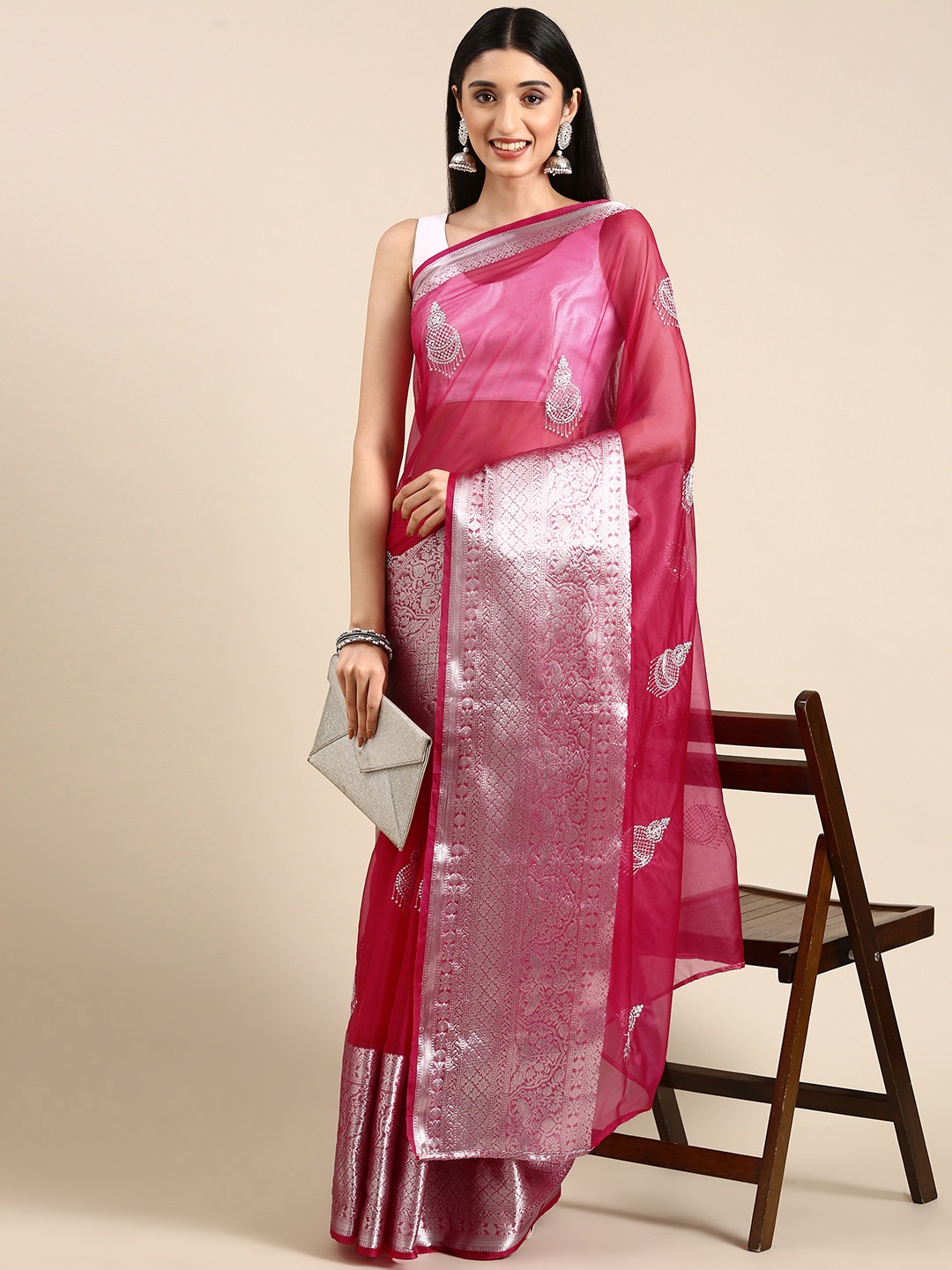 

Anouk Embroidered Ethnic Motifs Zari Organza Saree, Fuchsia