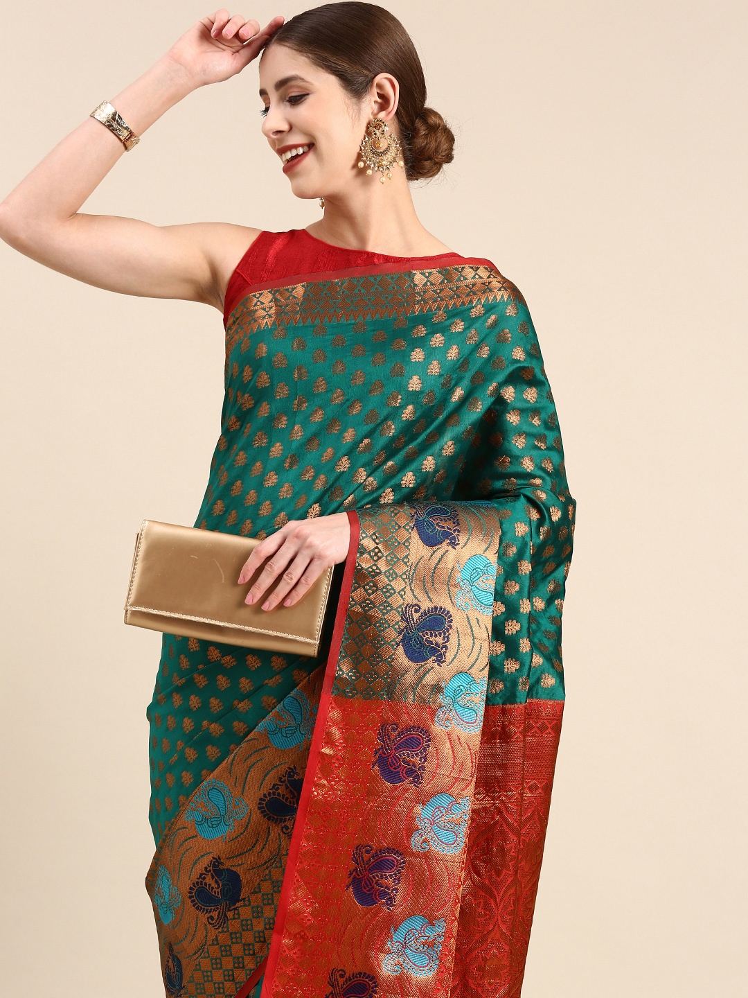 

Anouk Ethnic Motifs Zari Silk Blend Saree, Teal