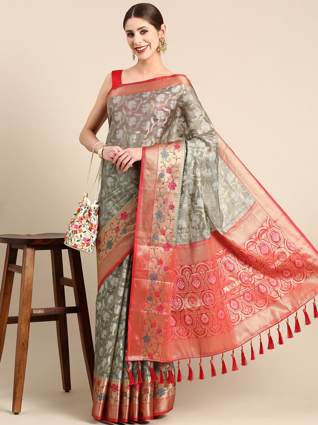 

Anouk Woven Design Ethnic Motifs Zari Silk Blend Saree, Grey