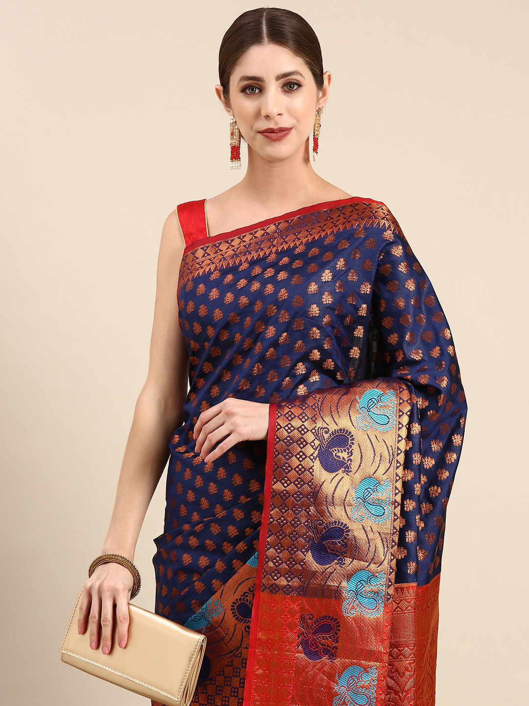 

Anouk Ethnic Motifs Zari Silk Blend Saree, Navy blue