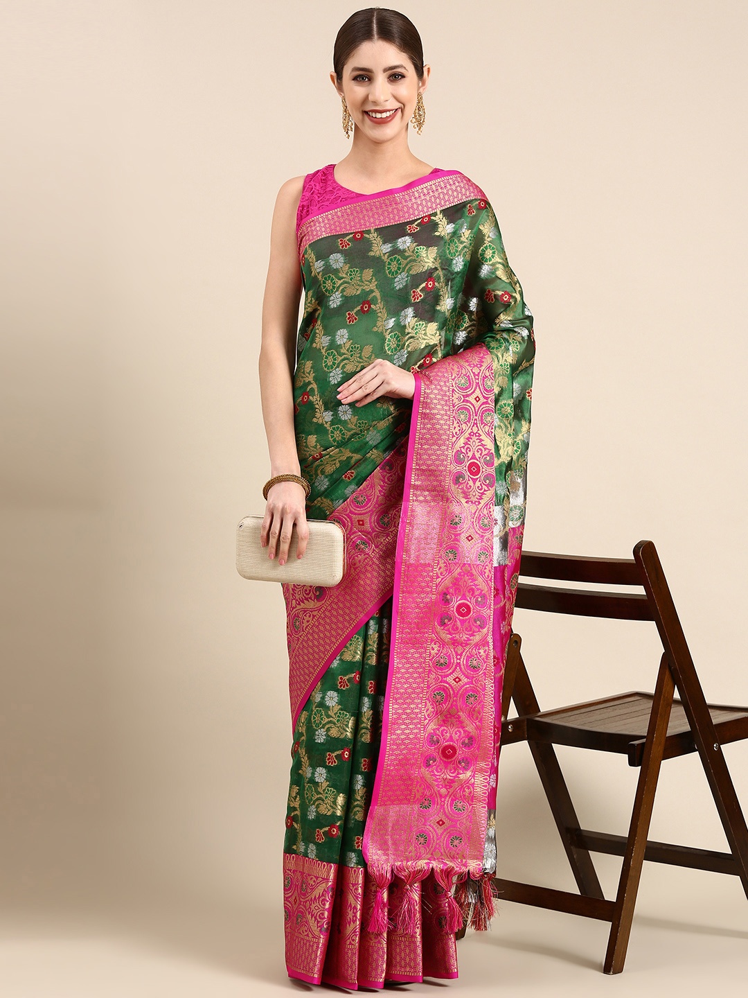 

Anouk Ethnic Motifs Zari Silk Blend Saree, Green