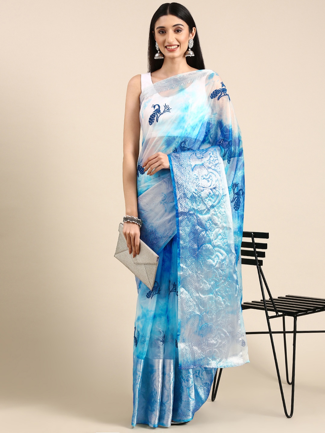 

Anouk Embroidered Ethnic Motifs Zari Organza Saree, Turquoise blue