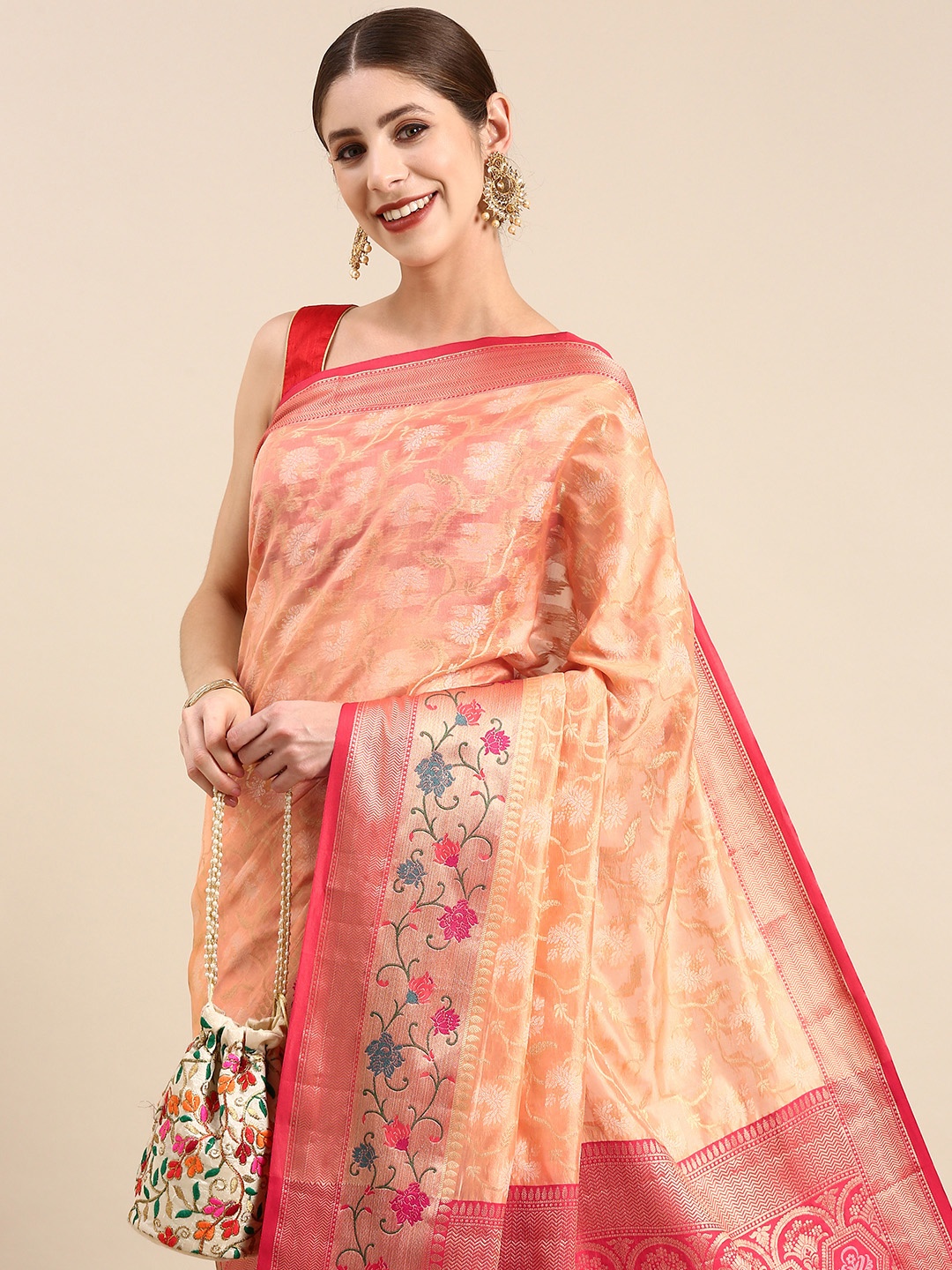 

Anouk Ethnic Motifs Zari Silk Blend Saree, Coral