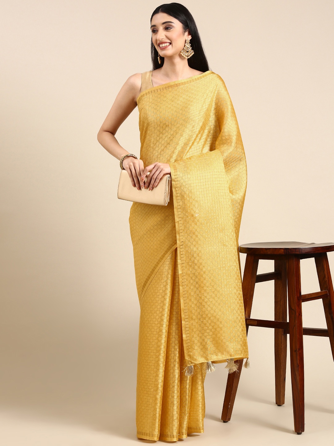 

Anouk Woven Design Checked Silk Blend Saree, Mustard