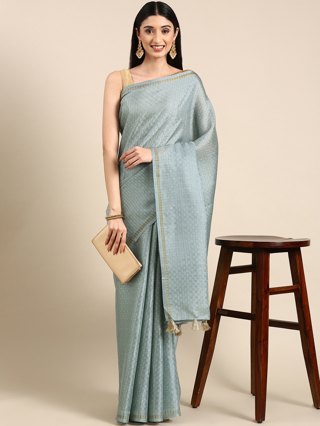 

Anouk Woven Design Checked Silk Blend Saree, Sea green