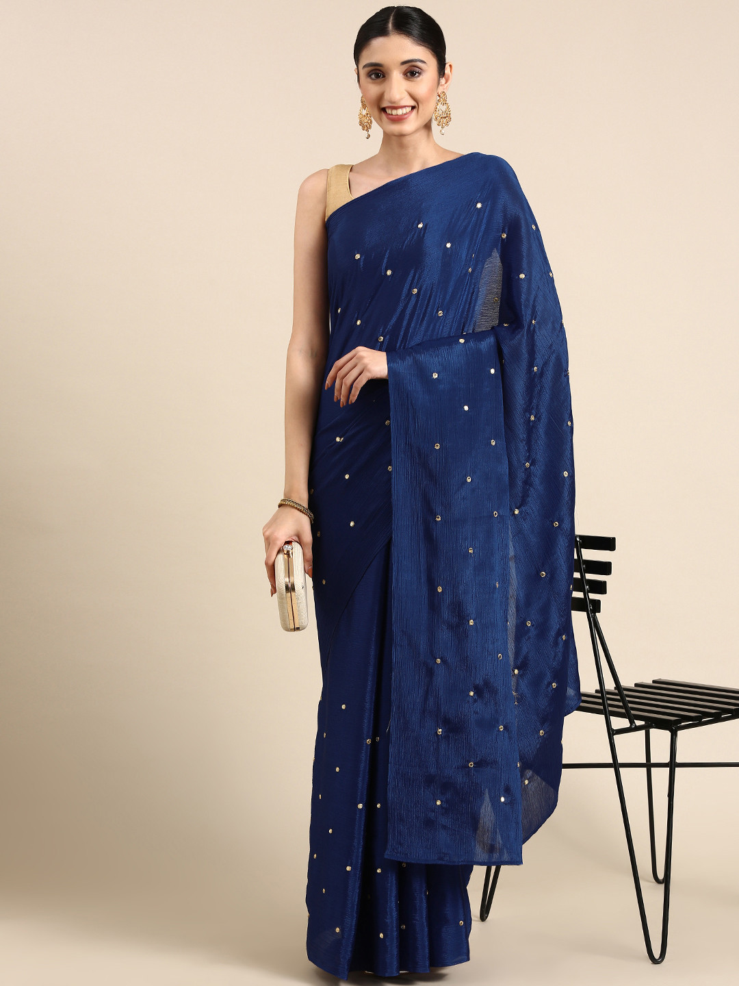 

Anouk Embroidered Sequinned Silk Blend Saree, Navy blue