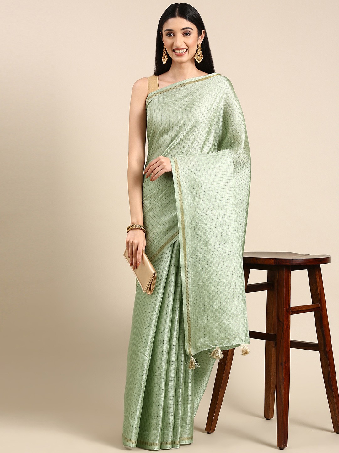 

Anouk Woven Design Checked Silk Blend Saree, Green