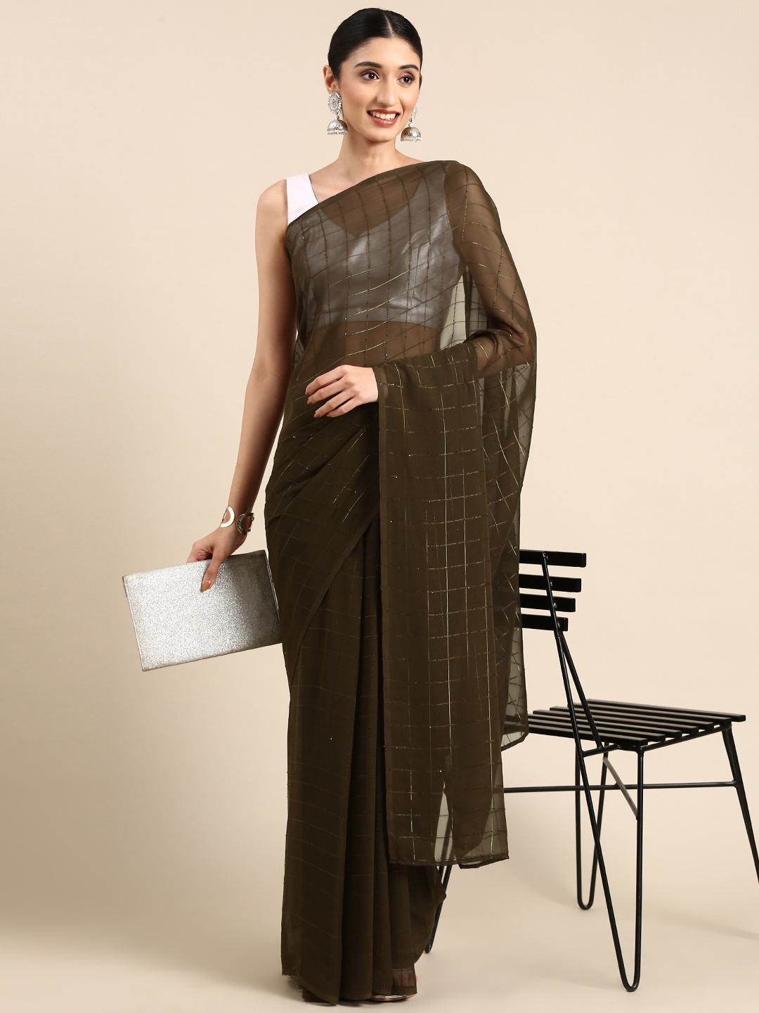 

Anouk Woven Design Checked Saree, Olive