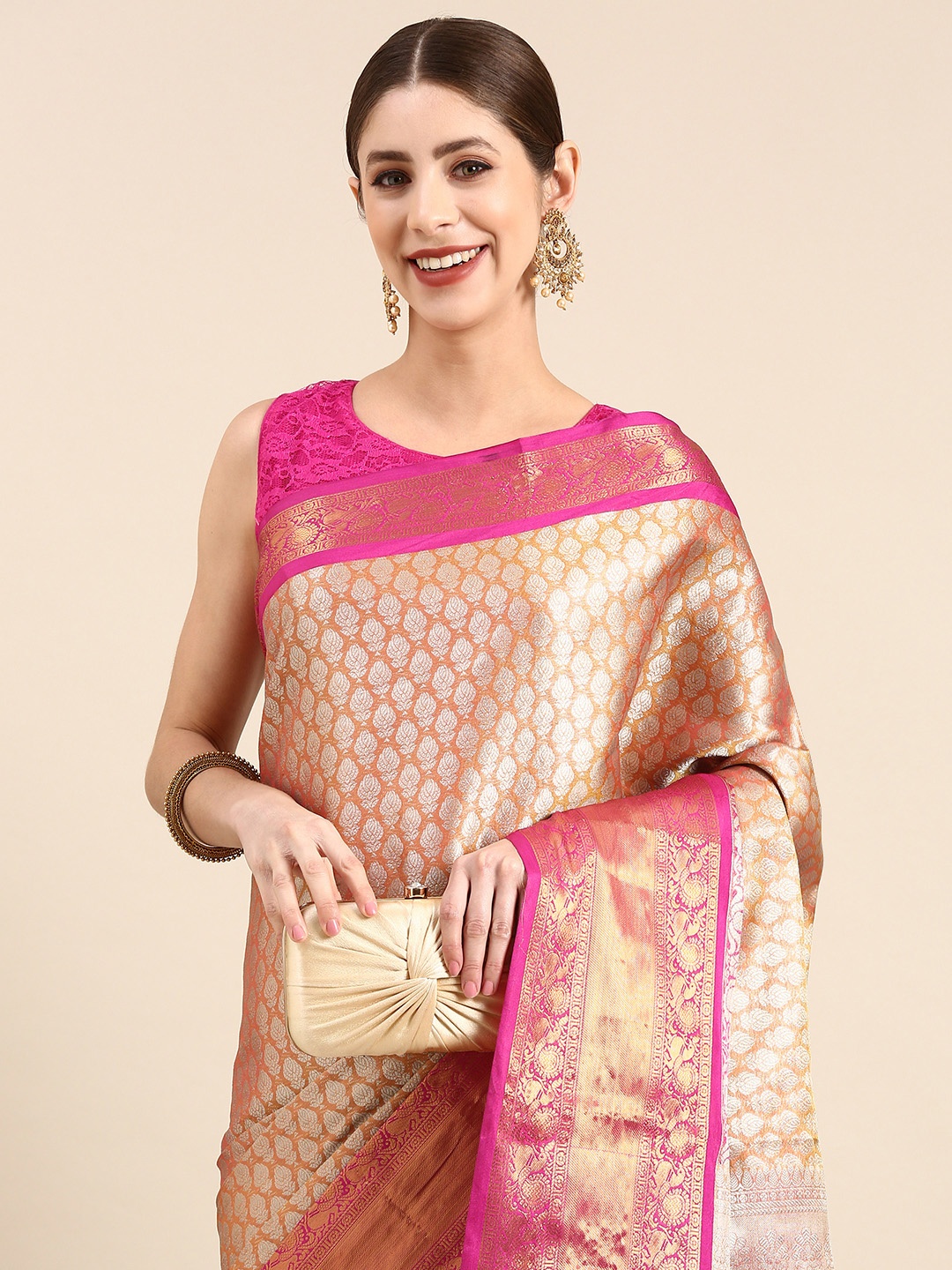 

Anouk Ethnic Motifs Zari Silk Blend Saree, Pink