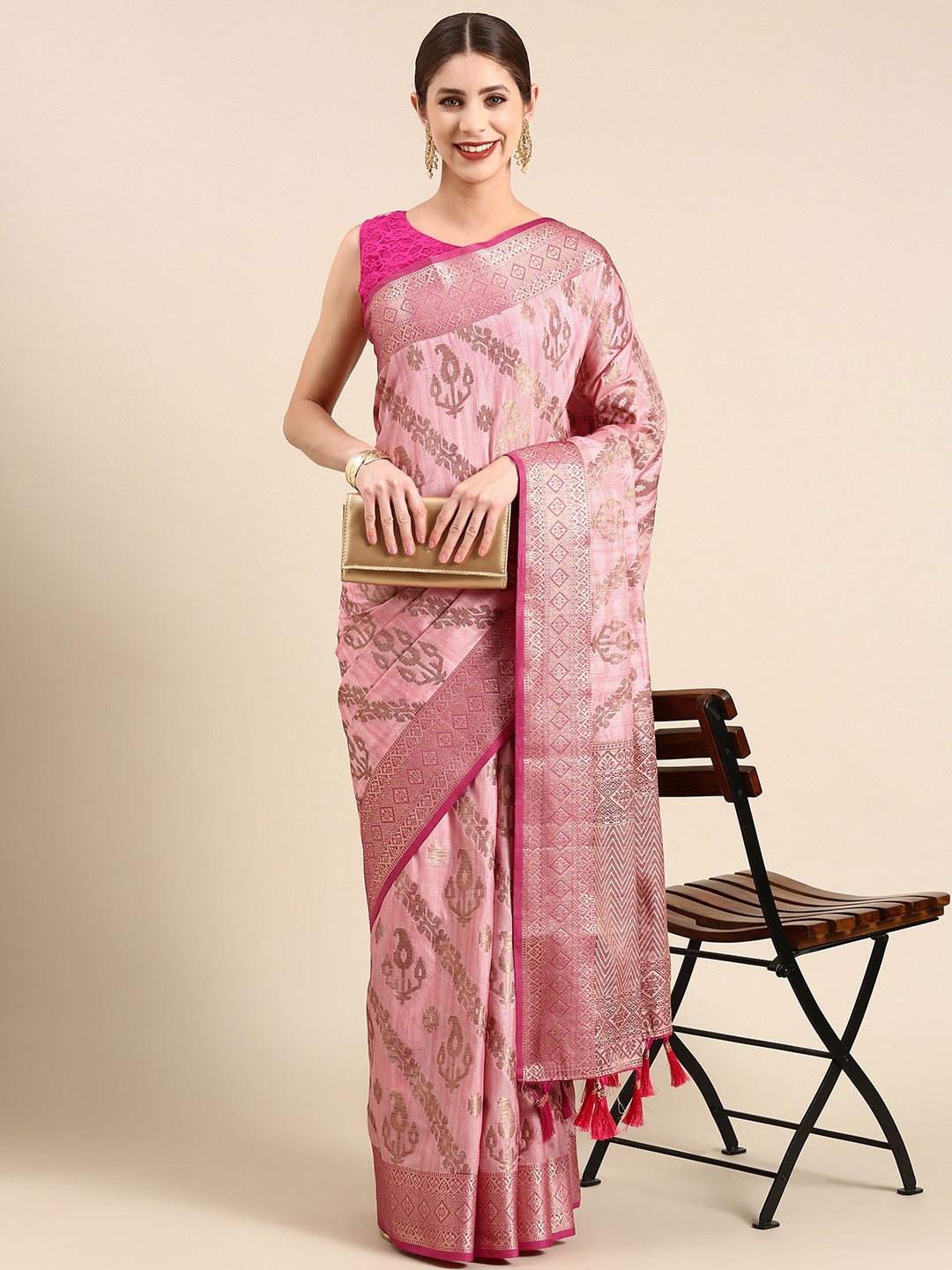 

Anouk Woven Design Ethnic Motifs Zari Silk Blend Saree, Rose
