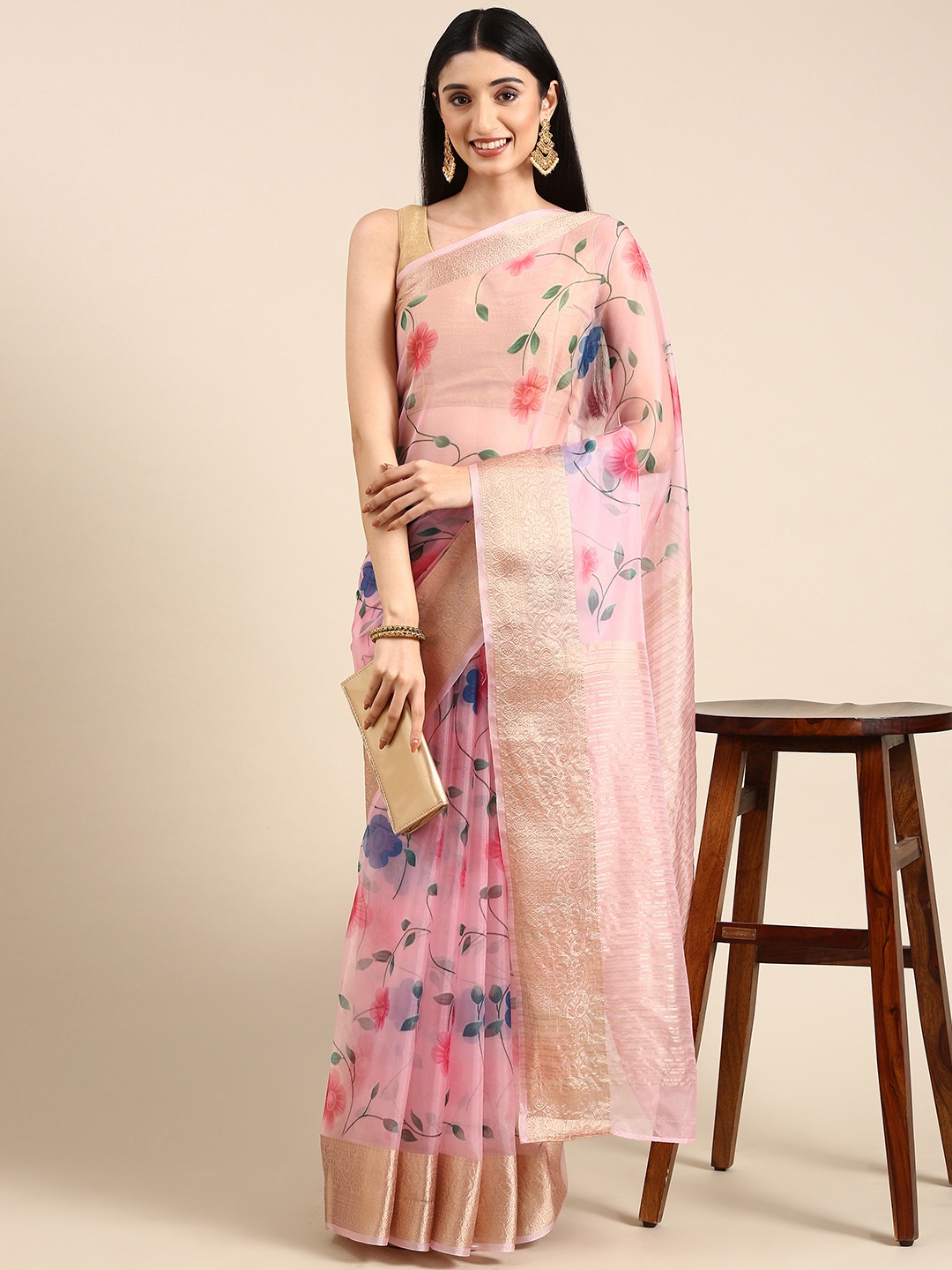 

Anouk Floral Woven Design Zari Organza Saree, Rose