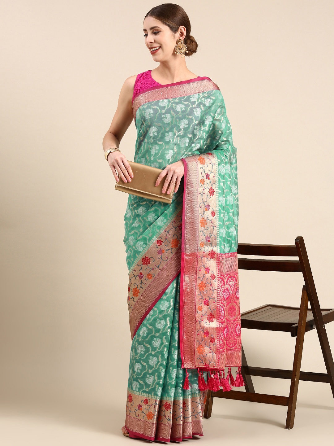 

Anouk Ethnic Motifs Zari Silk Blend Saree, Sea green