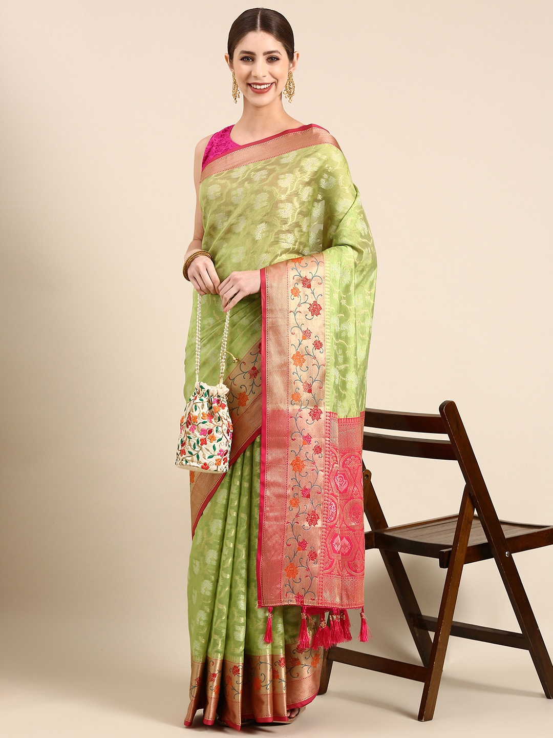 

Anouk Ethnic Motifs Zari Silk Blend Saree, Lime green