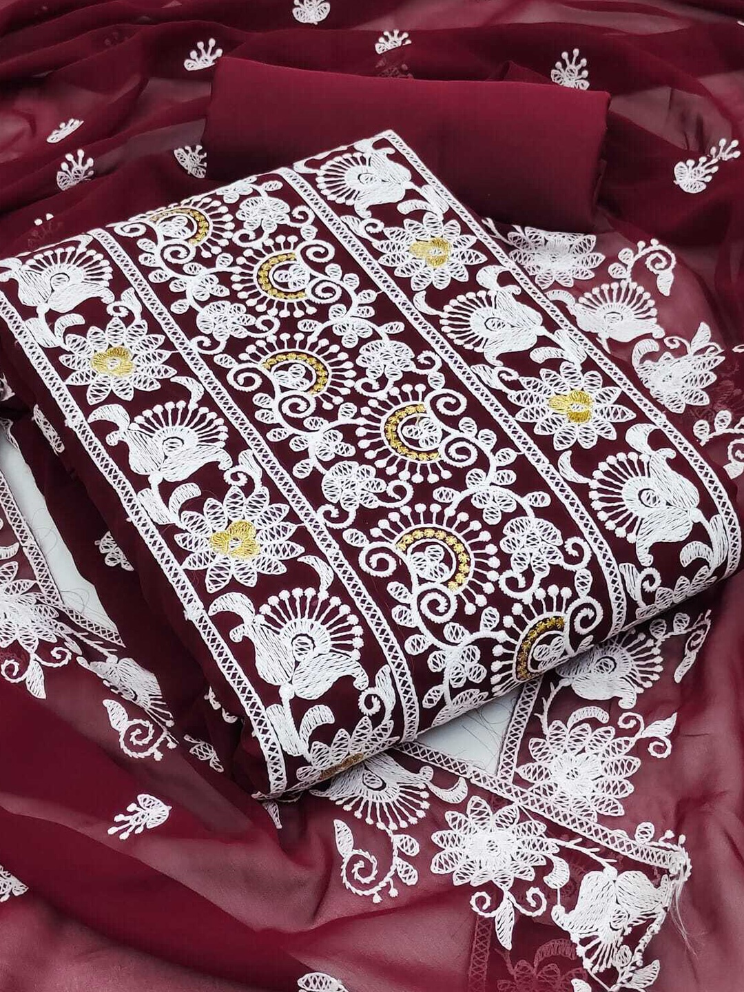 

KALINI Embroidered Semi-Stitched Dress Material, Maroon