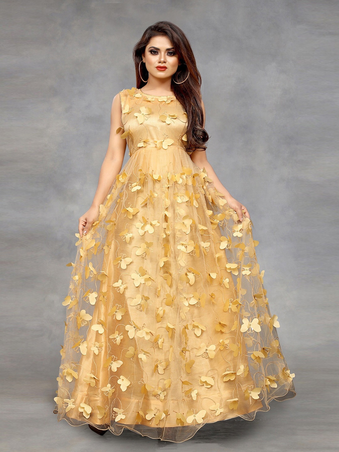 

APNISHA Floral Embroidered Net Maxi Gown, Beige