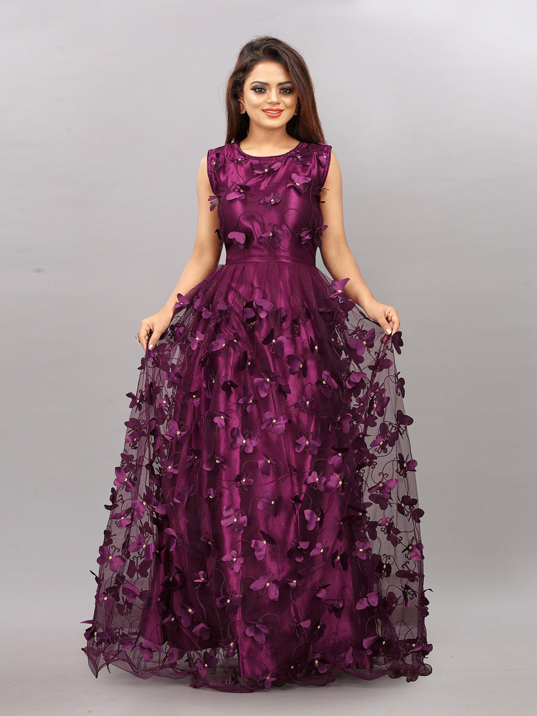 

APNISHA Self Design Sleeveless Maxi Length Gown, Purple
