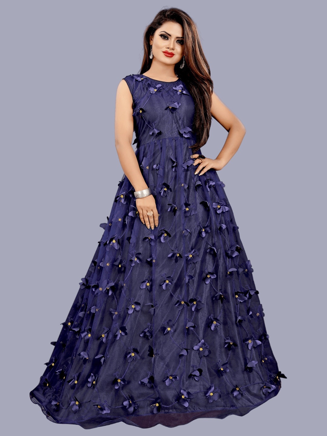 

APNISHA Floral Embroidered Net Maxi Gown, Navy blue