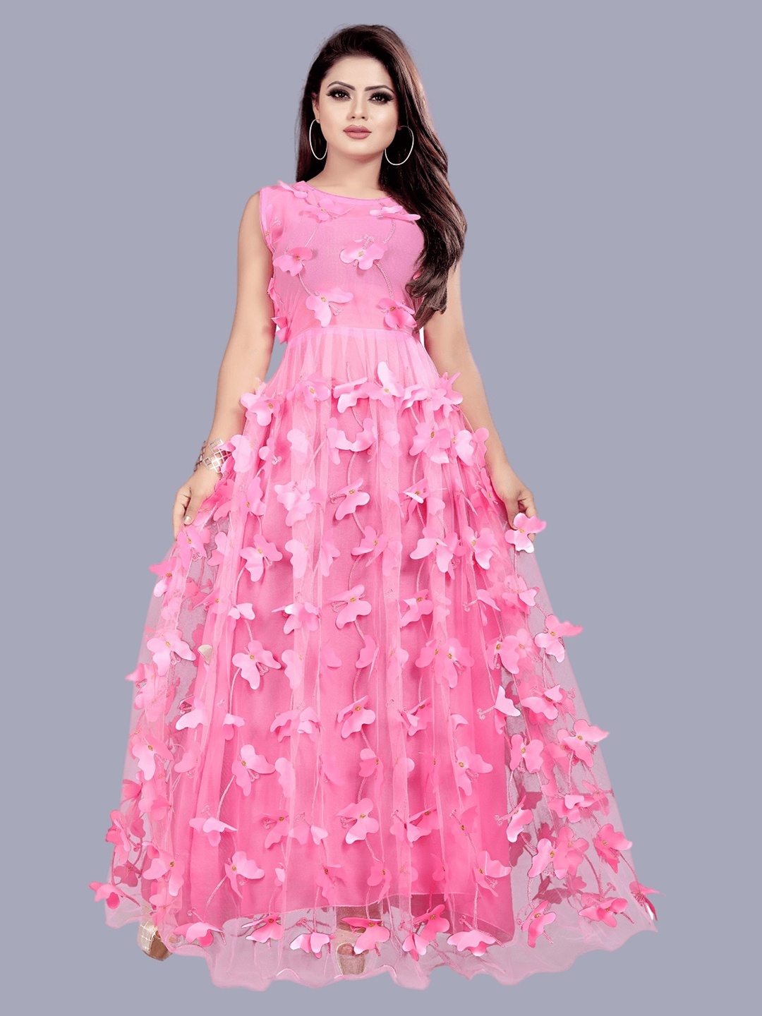 

APNISHA Flared Net Maxi Dress, Pink