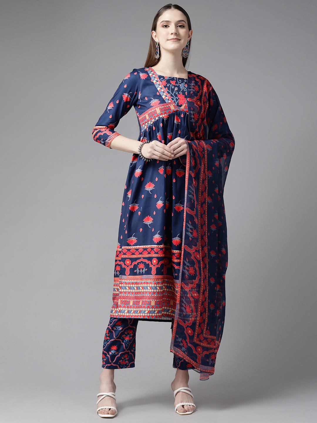 

Prakrti Women Navy Blue Ethnic Motifs Printed Kurta with Palazzos & With Dupatta