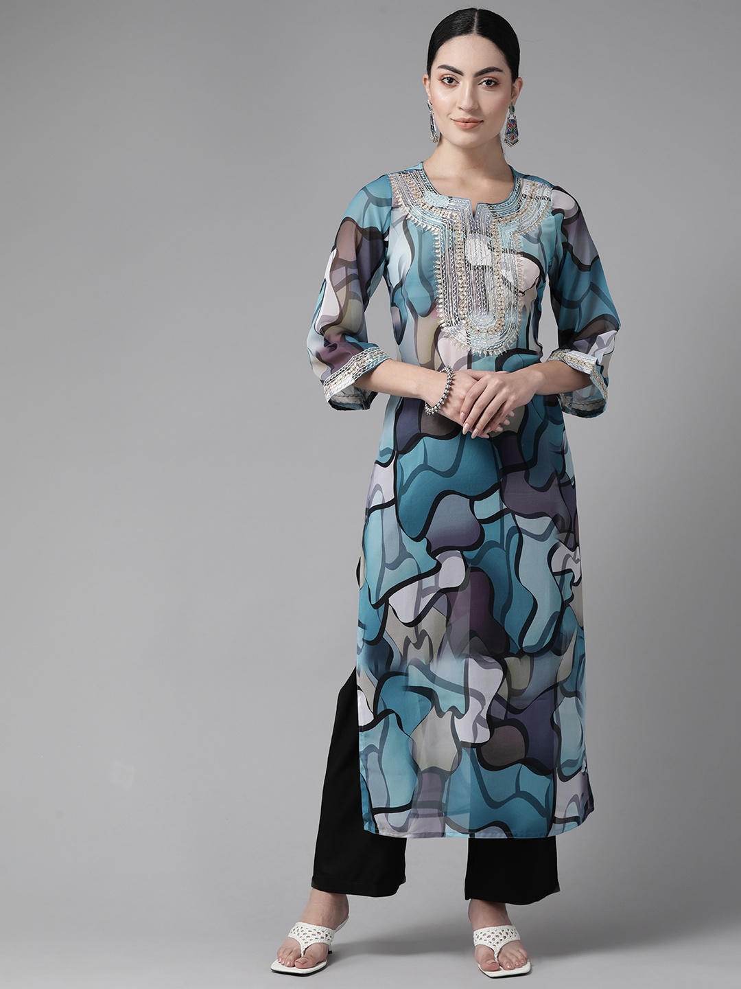 

Prakrti Women Turquoise Blue Printed Kurta with Palazzos