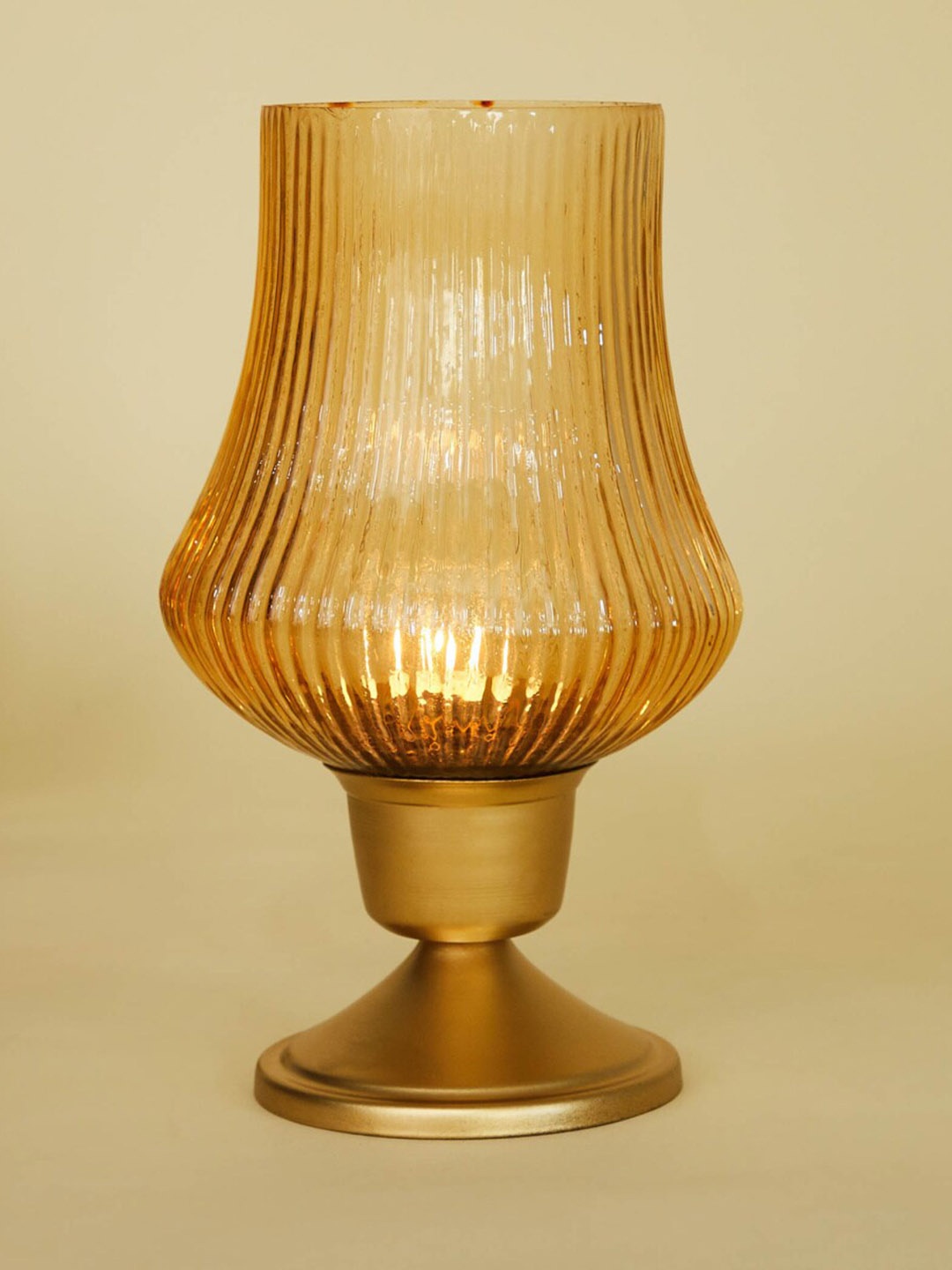 

Home Centre Raga Yellow Ribbed Glass Hurricane Candle Holder With Metal Base