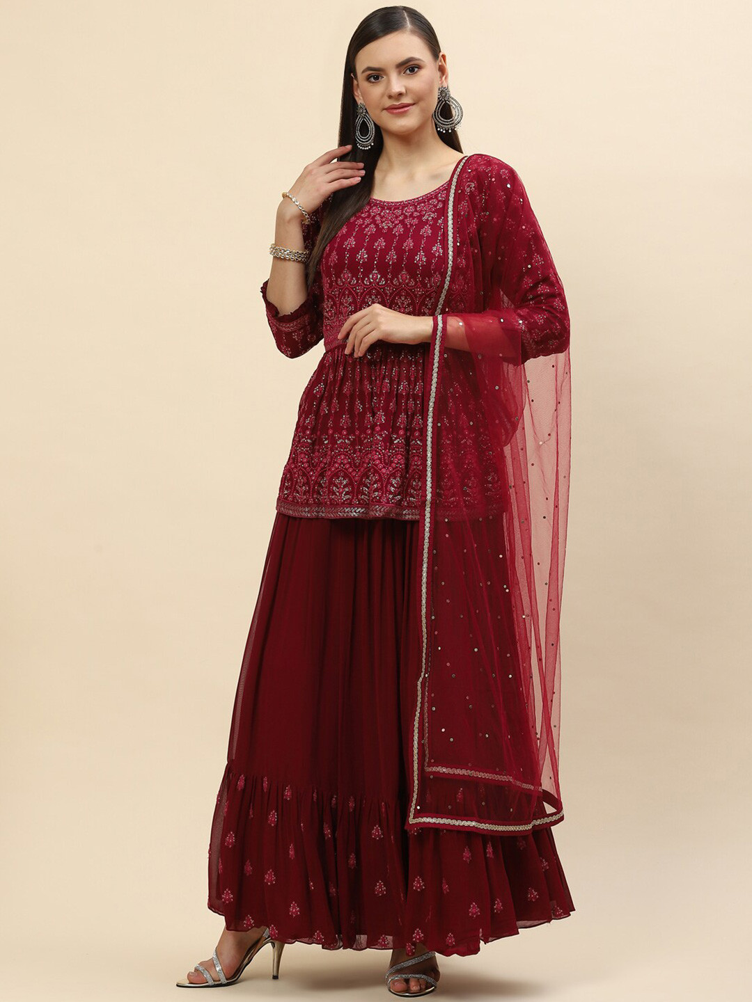 

Meena Bazaar Embroidered Ready to Wear Lehenga & Blouse With Dupatta, Maroon