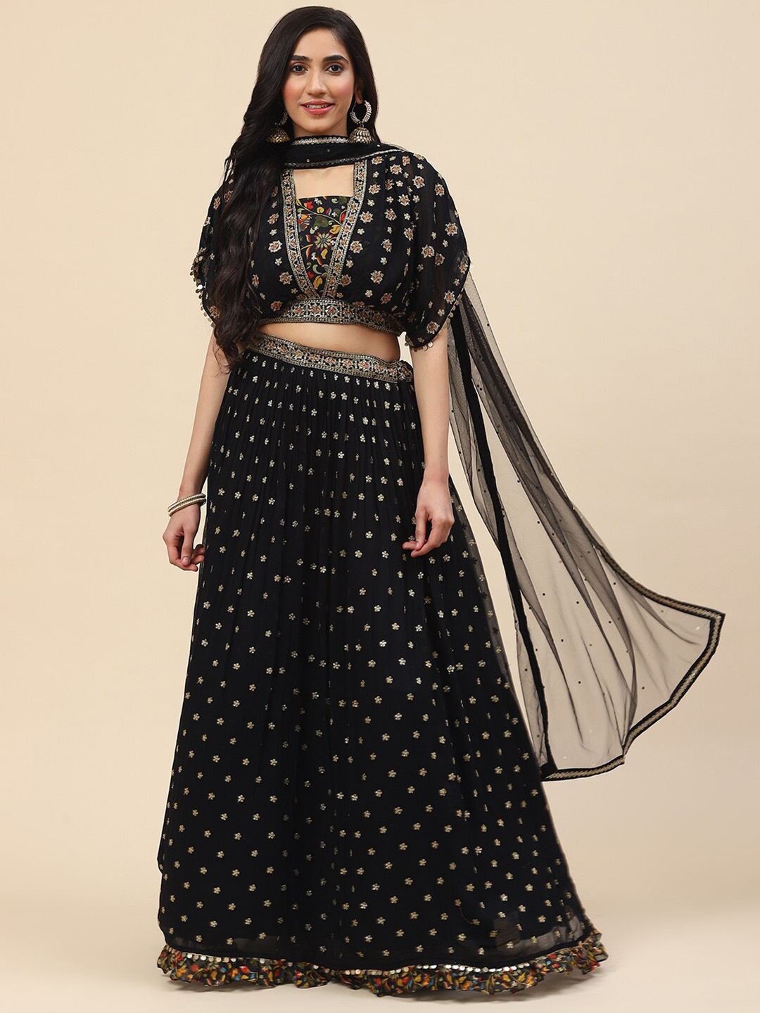 

Meena Bazaar Embroidered Ready to Wear Lehenga & Blouse With Dupatta, Black