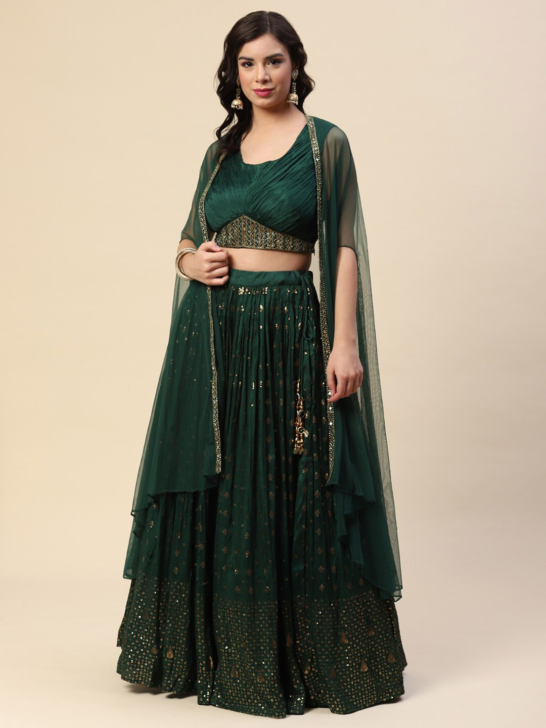

Meena Bazaar Embellished Sequinned Ready to Wear Lehenga Choli, Green