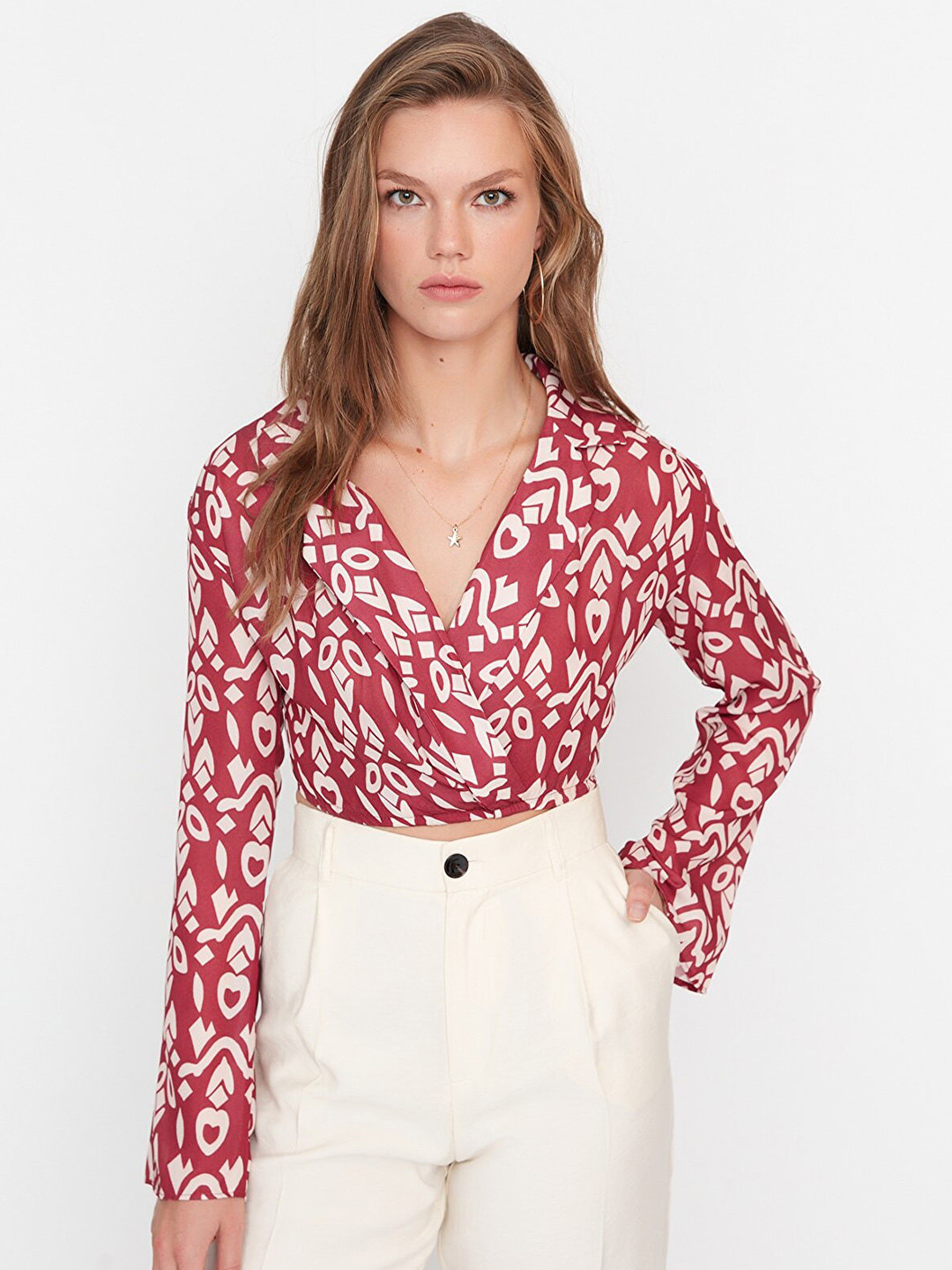 

Trendyol Print Wrap V-Neck Top, Red