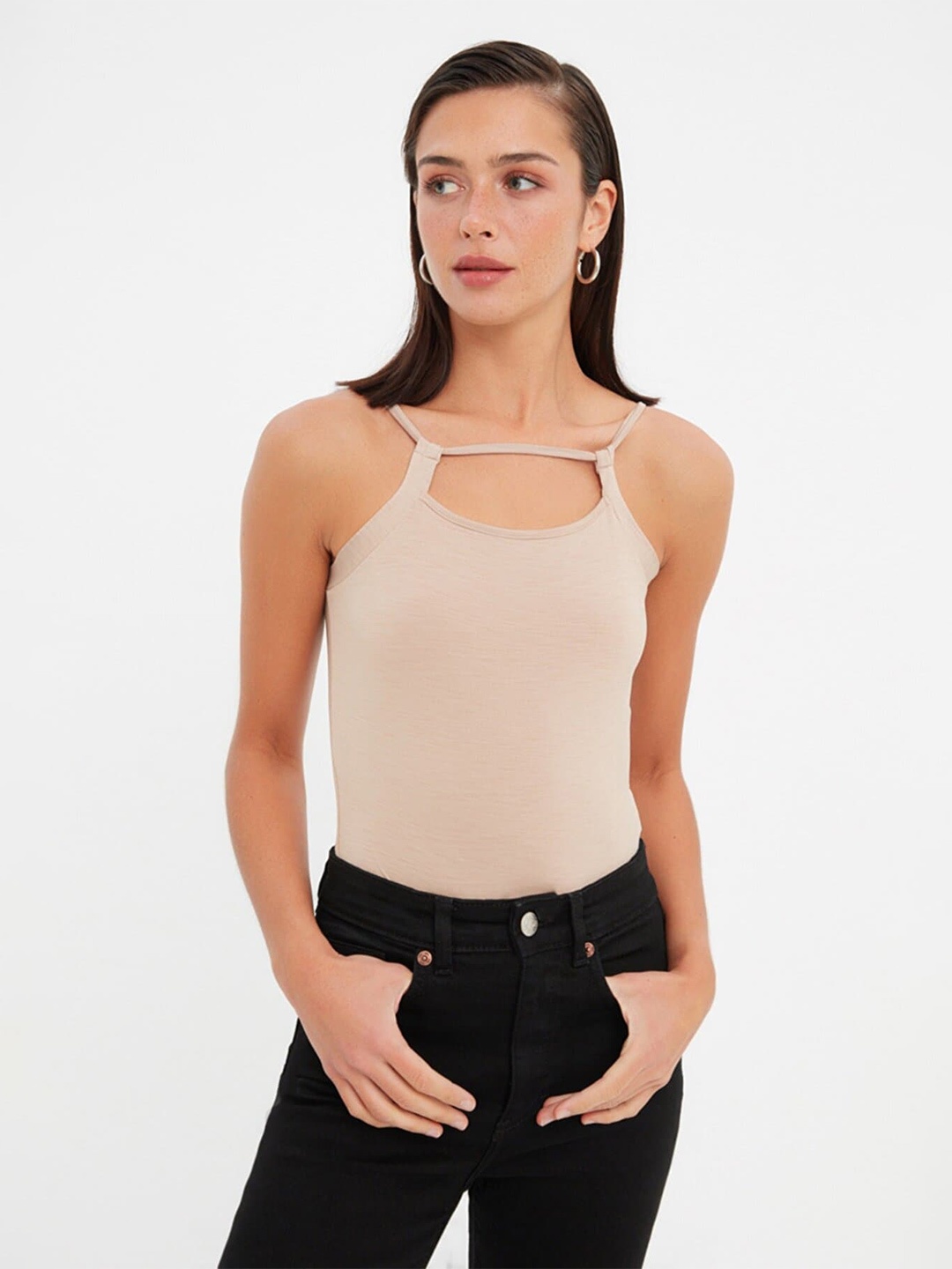 

Trendyol Shoulder Strap Fitted Top, Beige