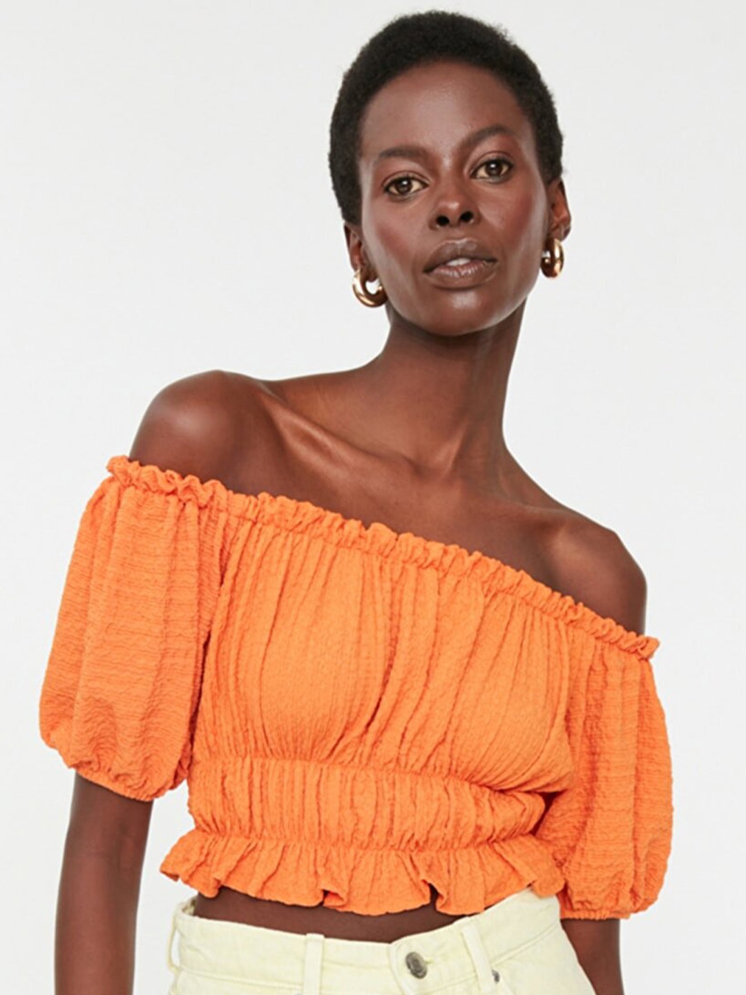 

Trendyol Off-Shoulder Ruffles Crop Top, Orange