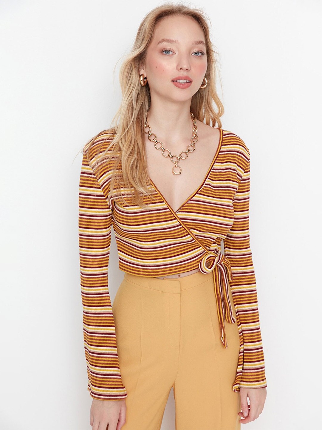 

Trendyol Striped Pure Cotton Wrap Top, Yellow