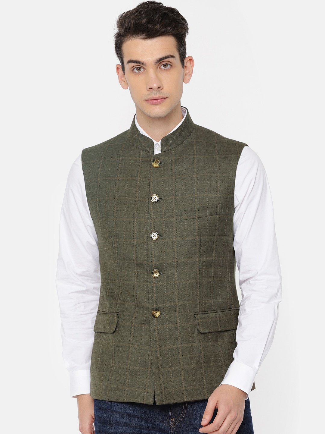 

U.S. Polo Assn. Men Brown Checked Tailored Fit Nehru Jacket