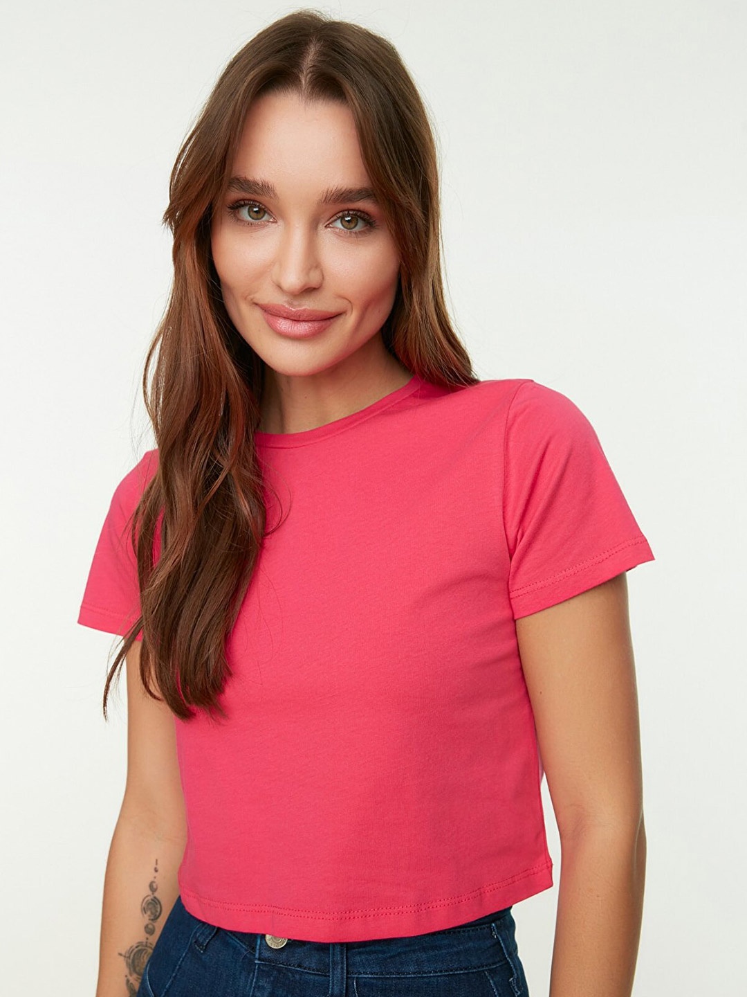 

Trendyol Round Neck Pure Cotton Crop Top, Fuchsia