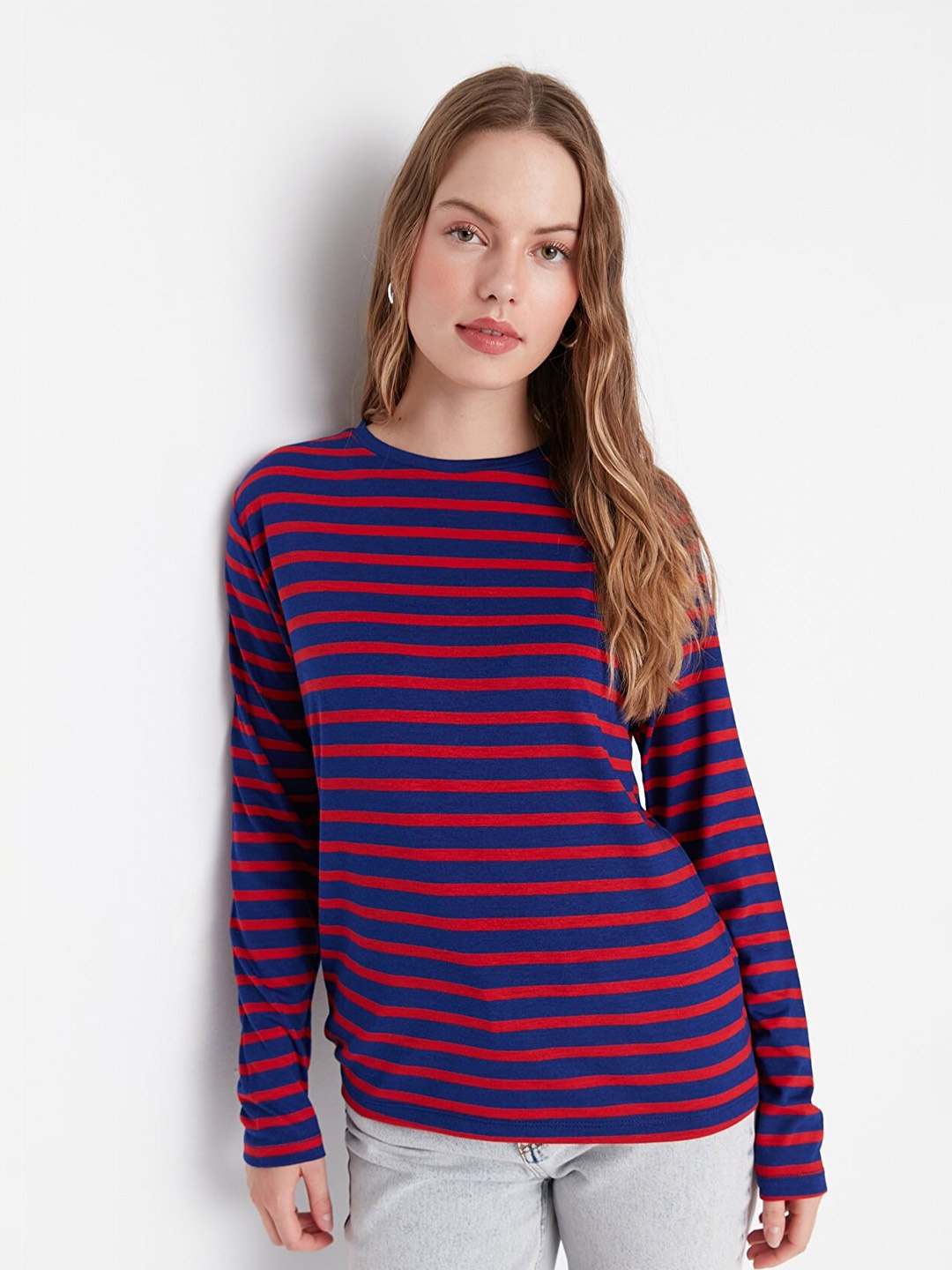 

Trendyol Women Striped Cotton T-shirt, Navy blue